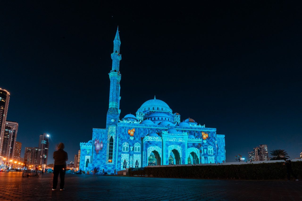 Al Noor Mosque lit in cool blue