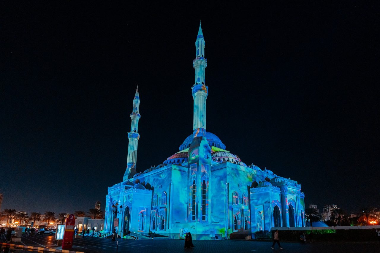 Blue geometric tiles on the mosque