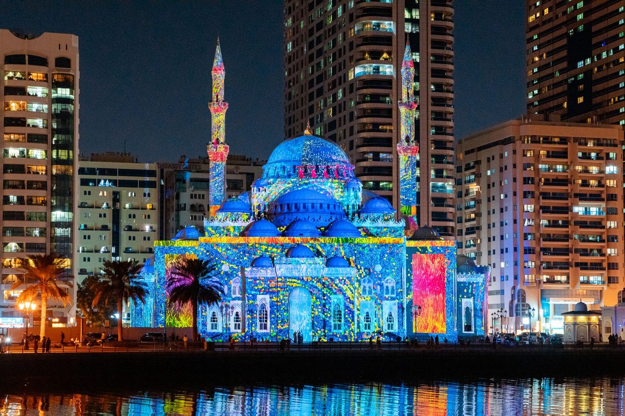 Mosque reflected at night