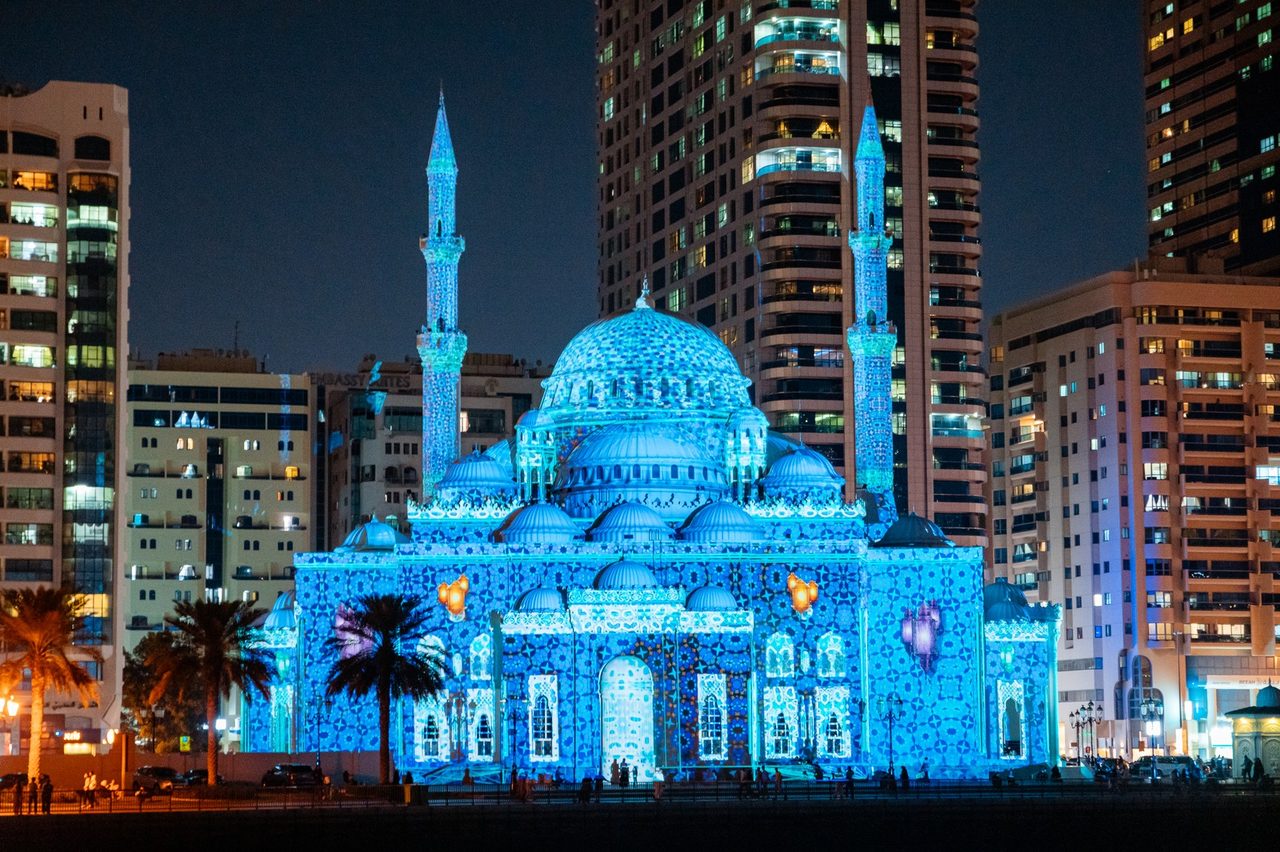 Mosque close-up with skyline behind