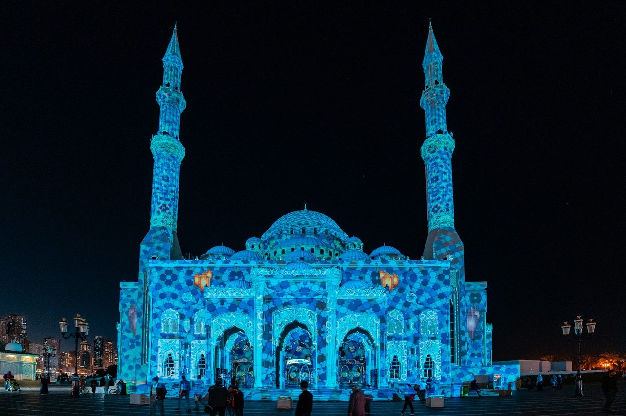 Mosque in teal geometric mapping