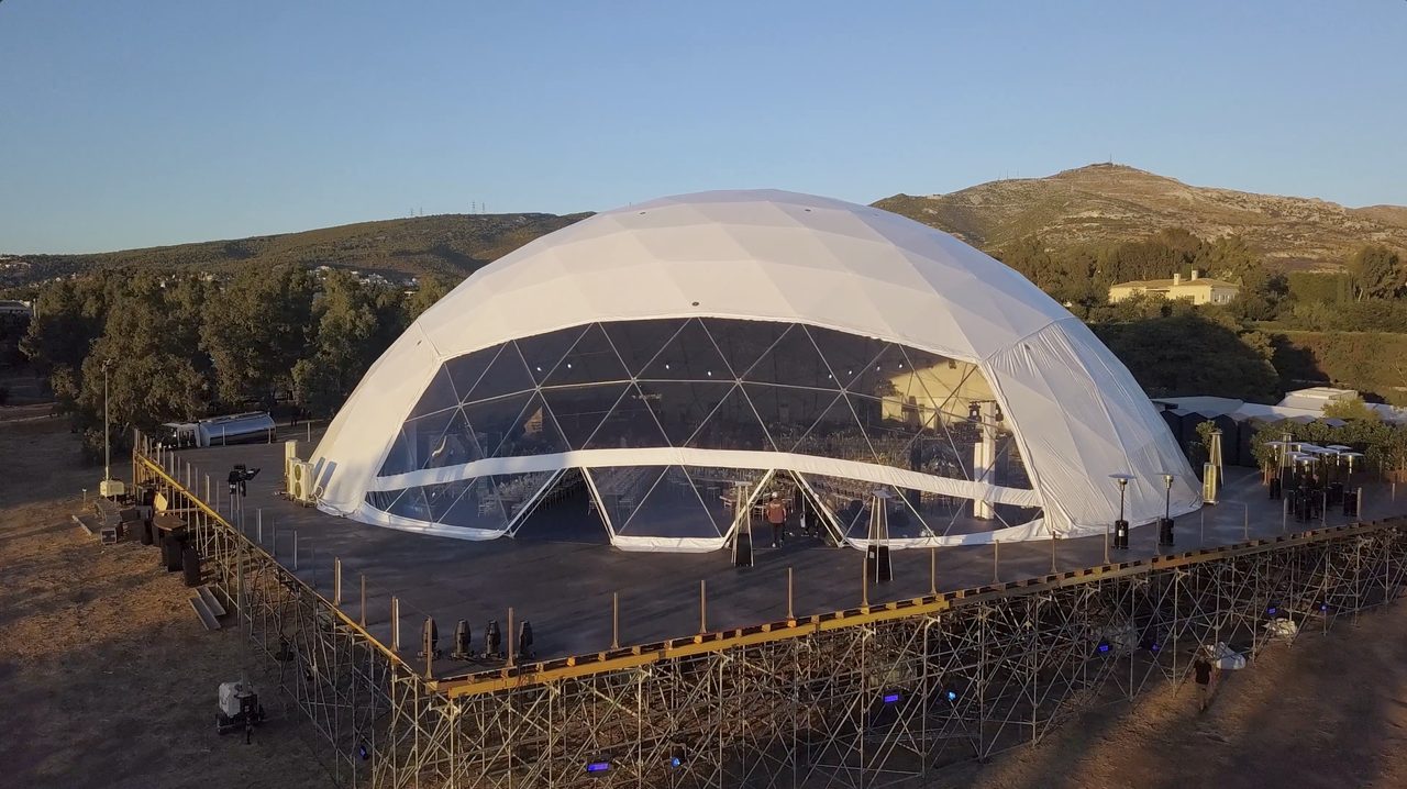 The 40m geodesic dome exterior by day