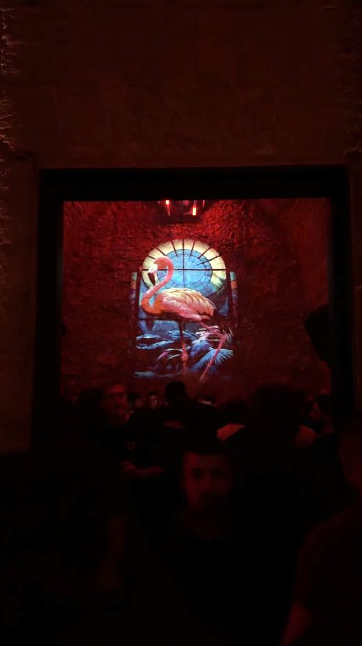 Backlit flamingo stained-glass entrance