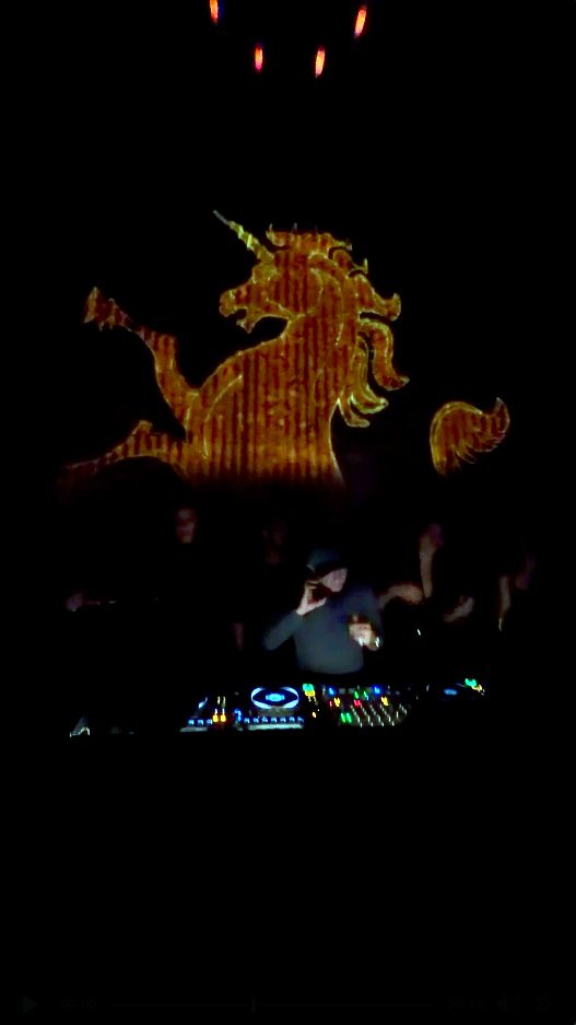 Golden unicorn projection over the DJ