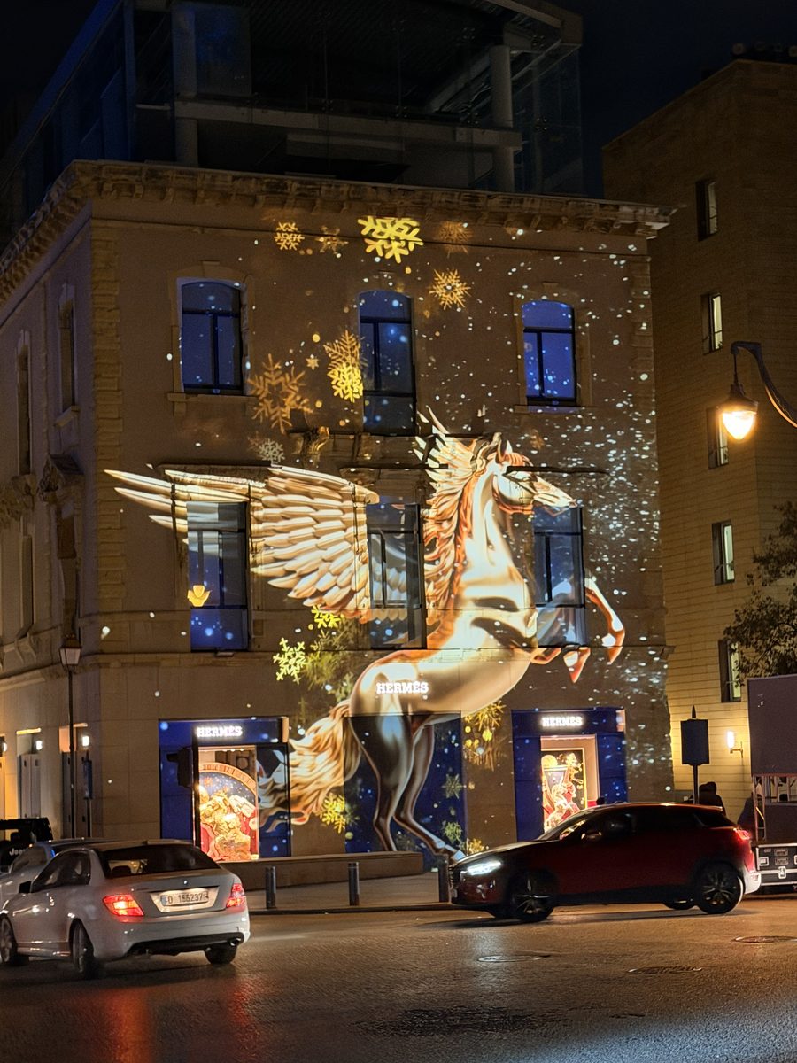 Pegasus scene over the downtown street