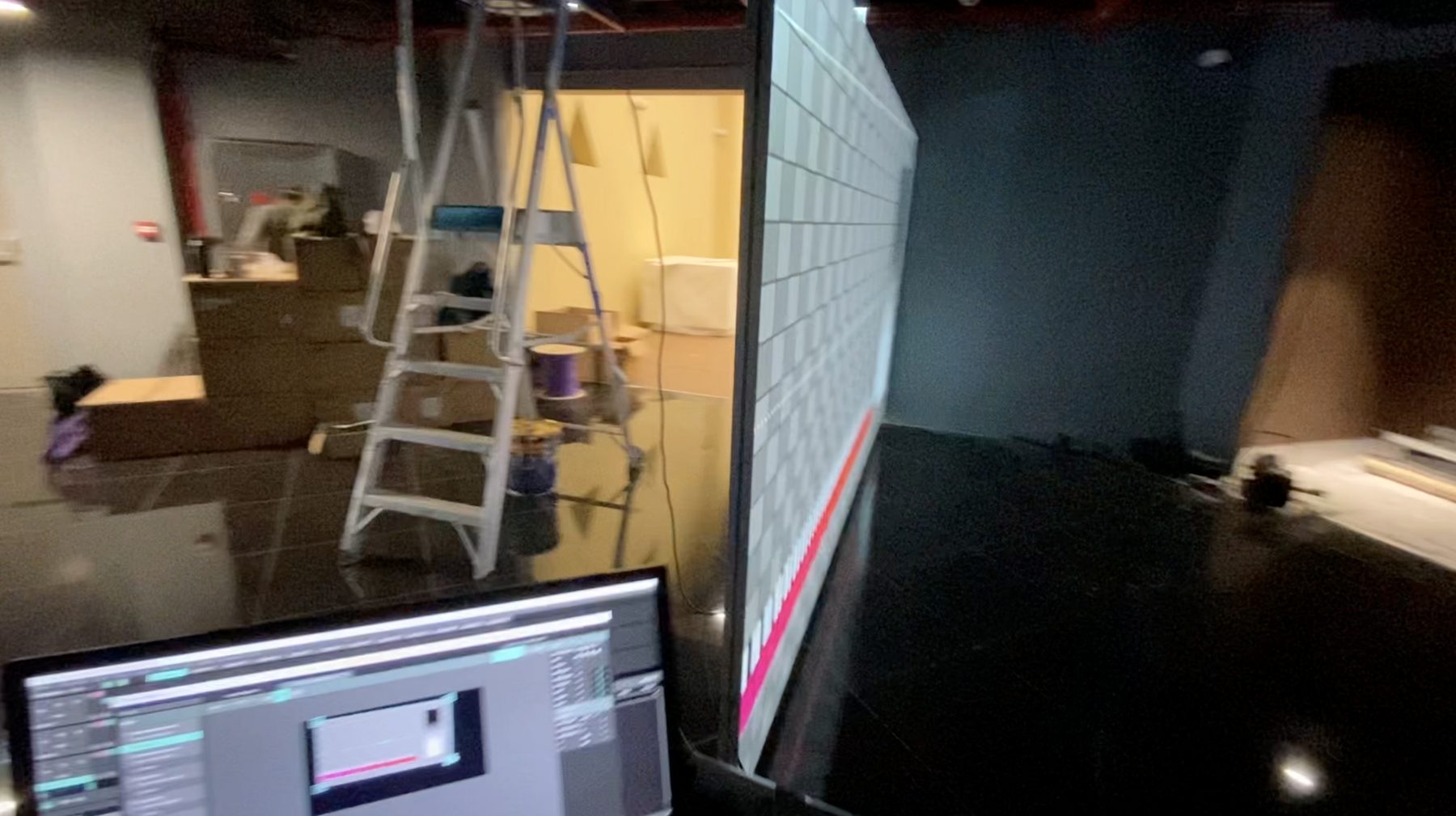 Install day — calibration grid and Resolume operator station