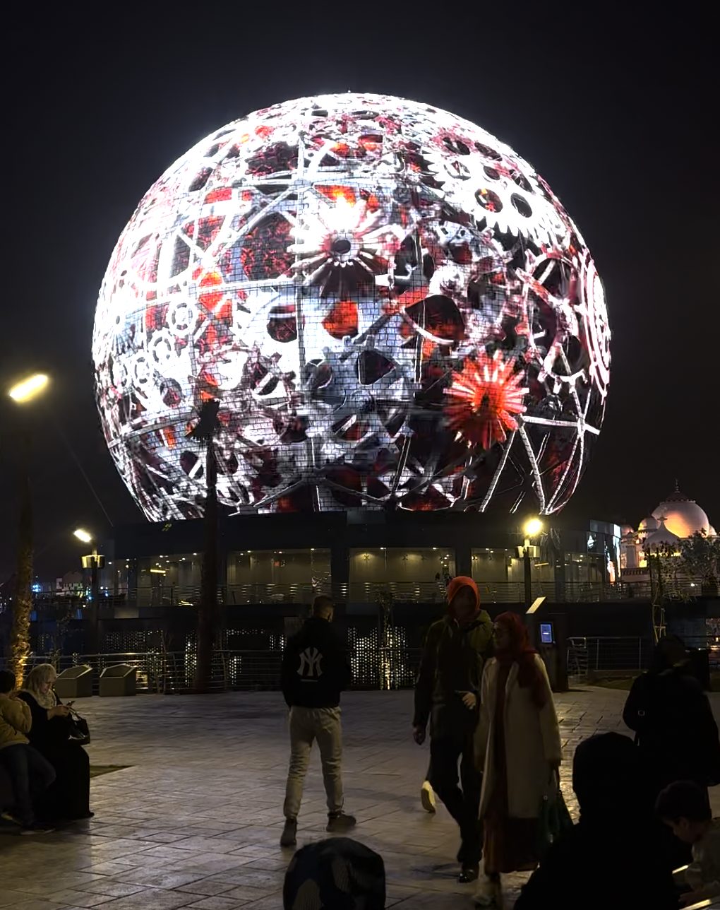 The LED sphere lit at night